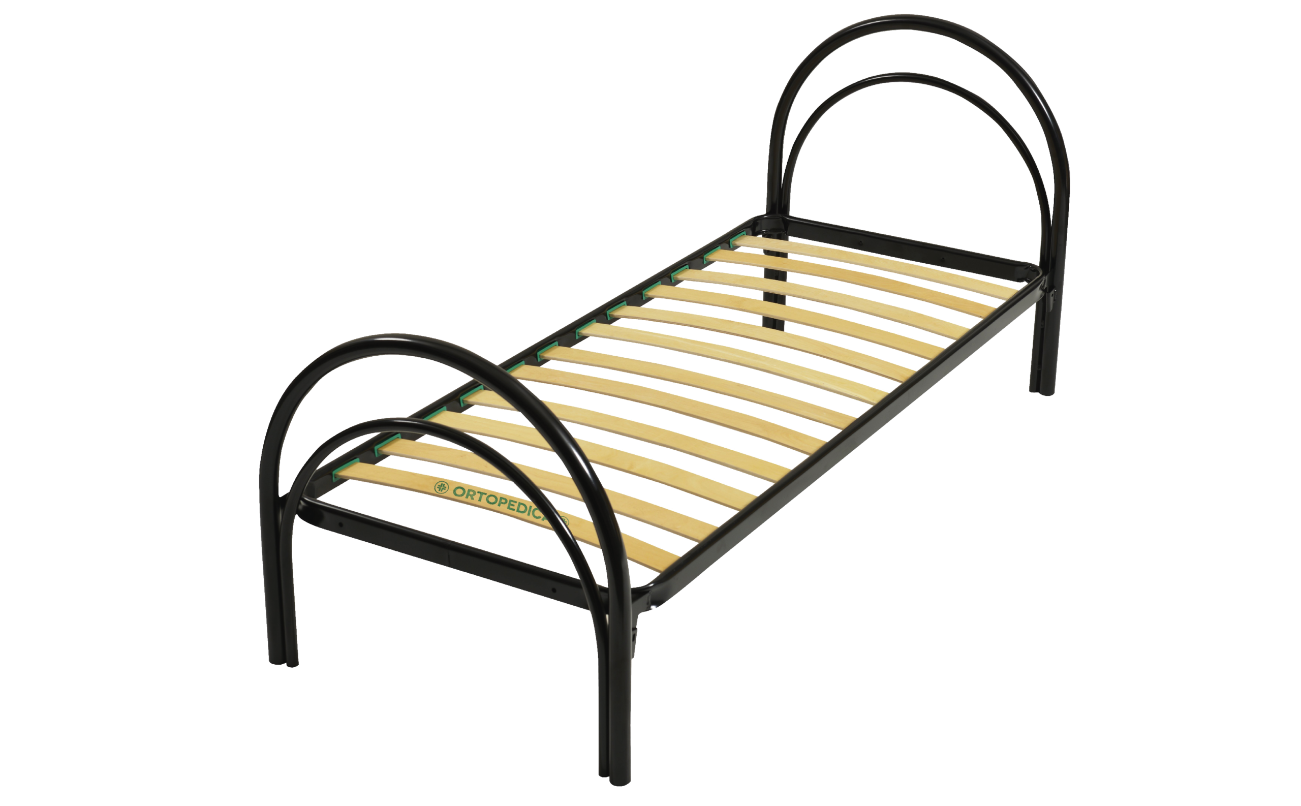 Letto con telaio nero, con piedi e tasta ad arco