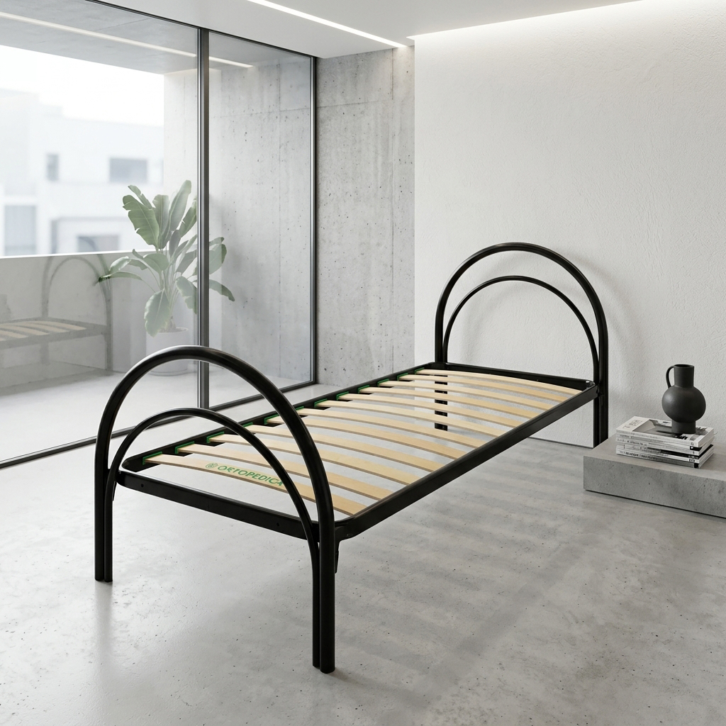 Letto con telaio nero e con spalliera e piedi ad arco.
